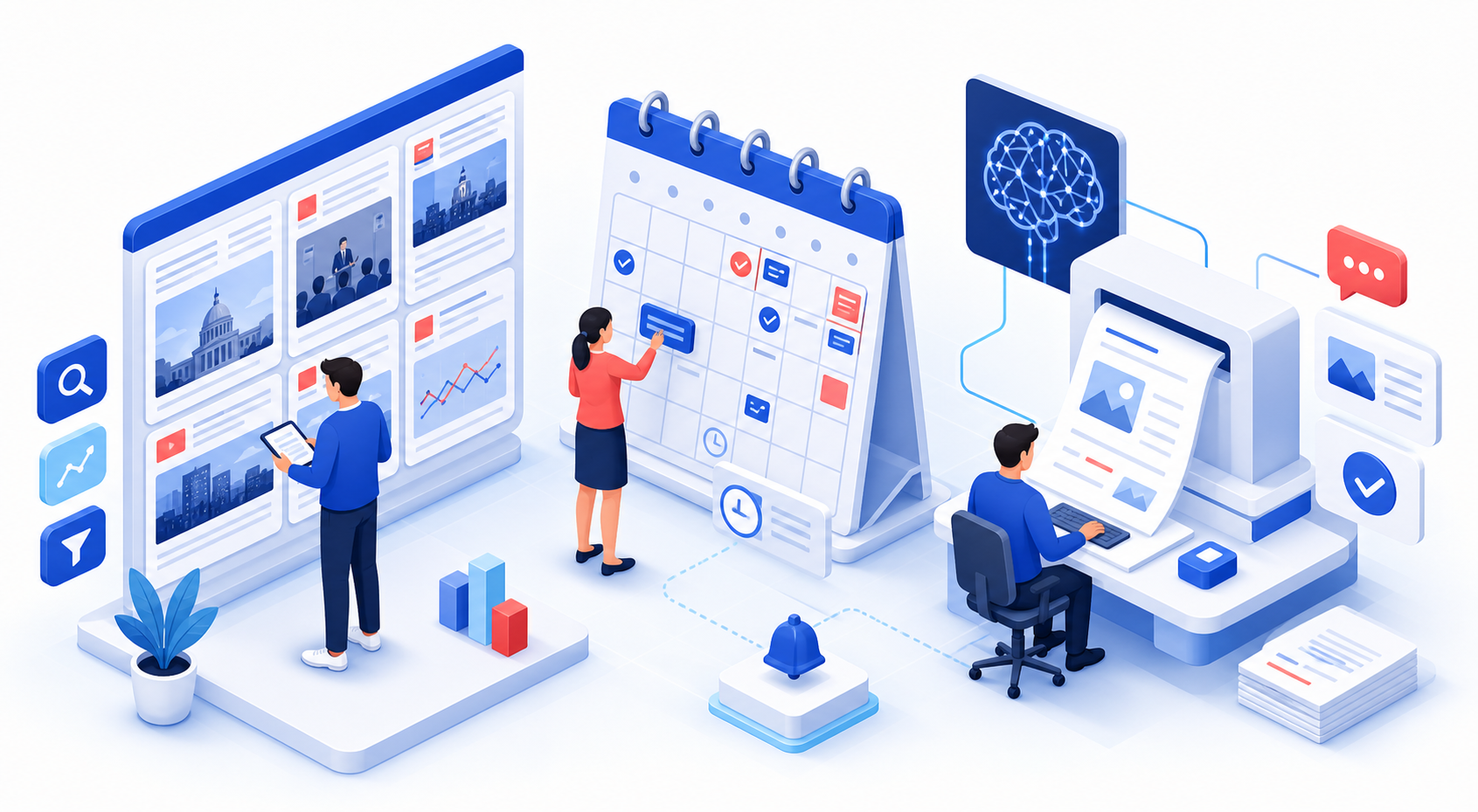 Monitorización de medios, tareas programadas y generación de notas con IA en un panel de trabajo.