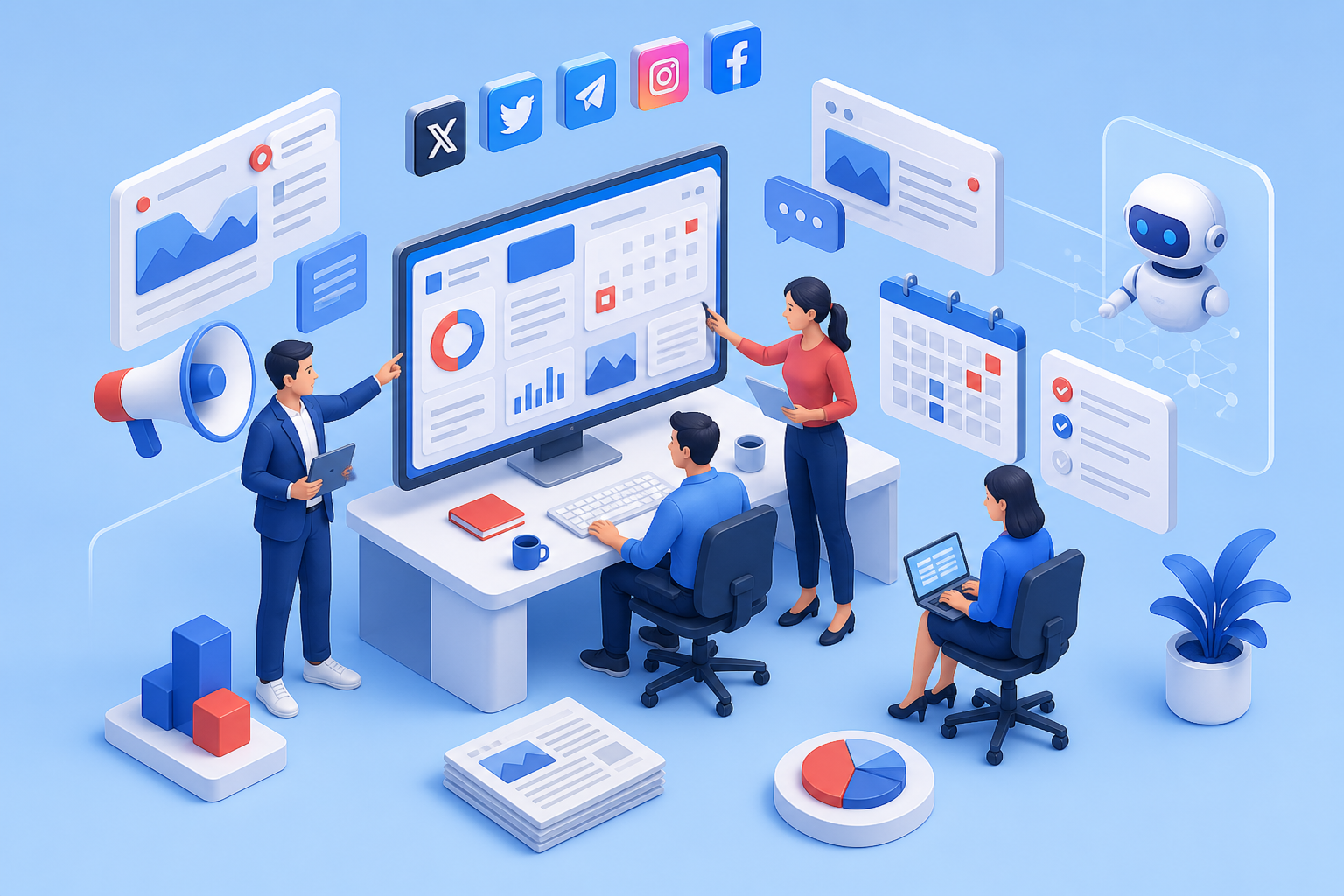 Equipo de comunicación política trabajando con paneles digitales, redes sociales y contenidos asistidos por IA.
